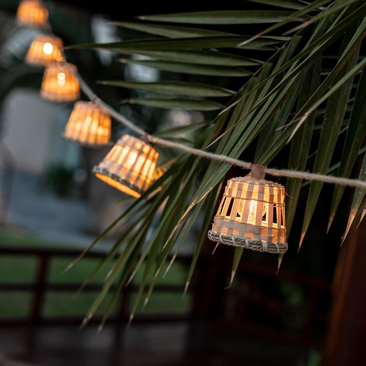 Guirlande lumineuse solaire & rechargeable d'extérieur Bambou/Rotin/Jute 10 lumières LED AURORA naturel
